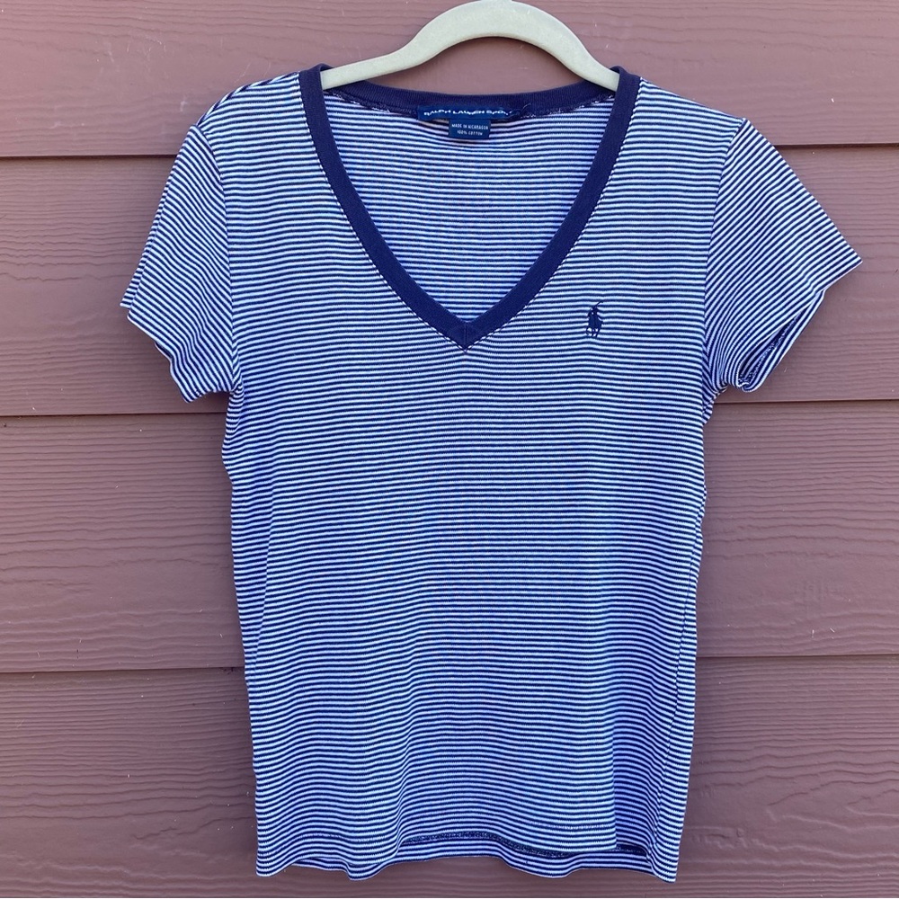 Ralph Lauren Sport V Neck Striped Blue Navy White Striped T Shirt Size Medium
